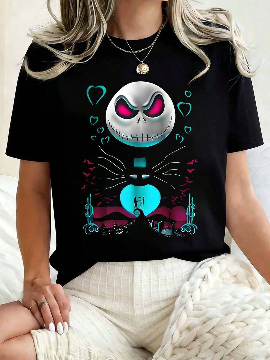 Disney Women Round Neck T Shirt Jack Skellington Heart And Bat Print Casual Loose Fit Top For Halloween Party 220g - 黑色 - 查看 1