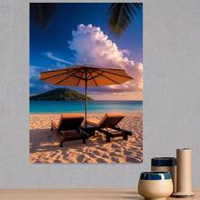 Póster plano 2D, 1 pieza, de atardecer tropical en playa con palmeras - Pintura en lienzo sin marco adecuada para decoración de pared, moderna y minimalista, apta para bodas, Acción de Gracias, sala de estar, dormitorio, oficina - Arte de tumbona y sombrilla con palmeras - Enmarcado - Ver 3