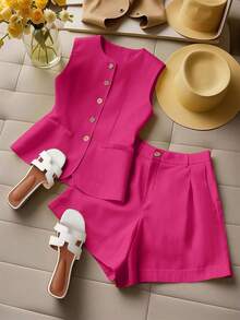 Conjunto de 2 piezas sin mangas con frente abierto, cómodo para vacaciones - Rosa Fucsia - Ver 1