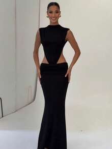 Y2K Sexy Side Cutout Mock Neck Sleeveless Ruched Waist Mermaid Maxi Dress For Club Parties & Formal Events - Negro - Ver 6
