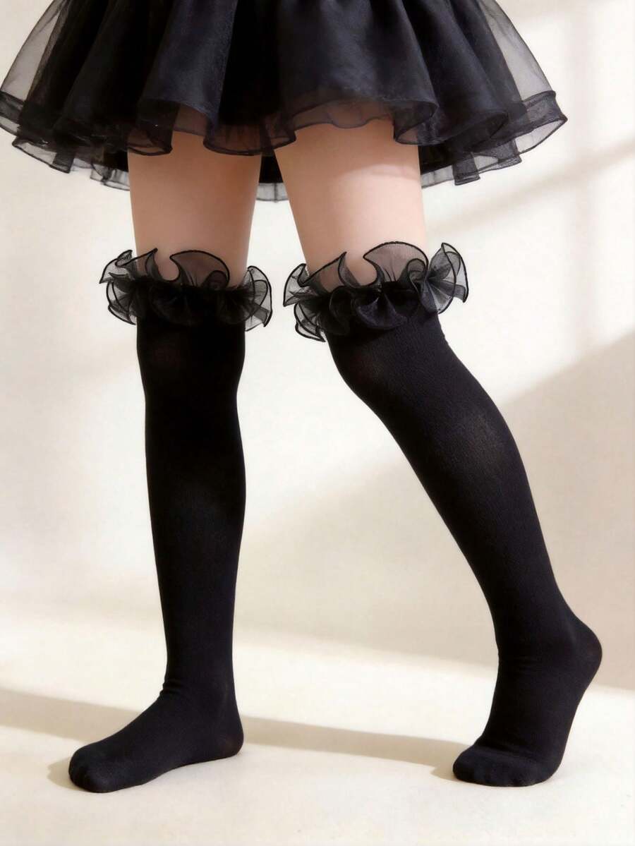 1 Pasang Kaos Kaki Anak Perempuan Warna Hitam dengan Hiasan Jala Bergelombang, Kaos Kaki Panjang Kasual Lucu Warna Polos - MultiWarna - View 1