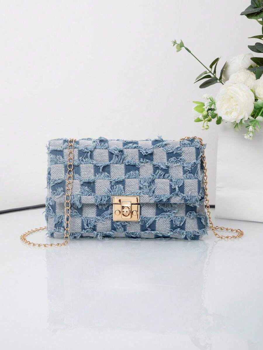Women's Colorful Contrast Woven Fabric Magnetic Closure Small Square Crossbody Bag - Blue - View 1
