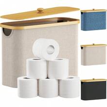 Toilettenpapier-Aufbewahrungskorb, Bambus-Badezimmer-mit Deckel für Schrank und Toilette - Elfenbein - Übersicht 6