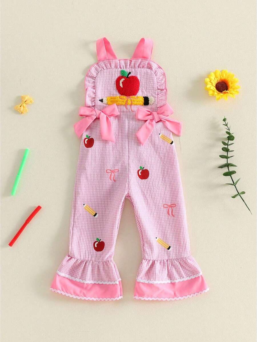 Mono de bebé niña para la vuelta al cole con bordado de Apple Pencil, mono a cuadros y bonitos pantalones con tirantes y lazo para niña pequeña. - Rosa - Ver 1
