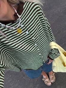 New Fashionable Loose Striped Knit Cardigan Jacket Vacation - Green - View 1