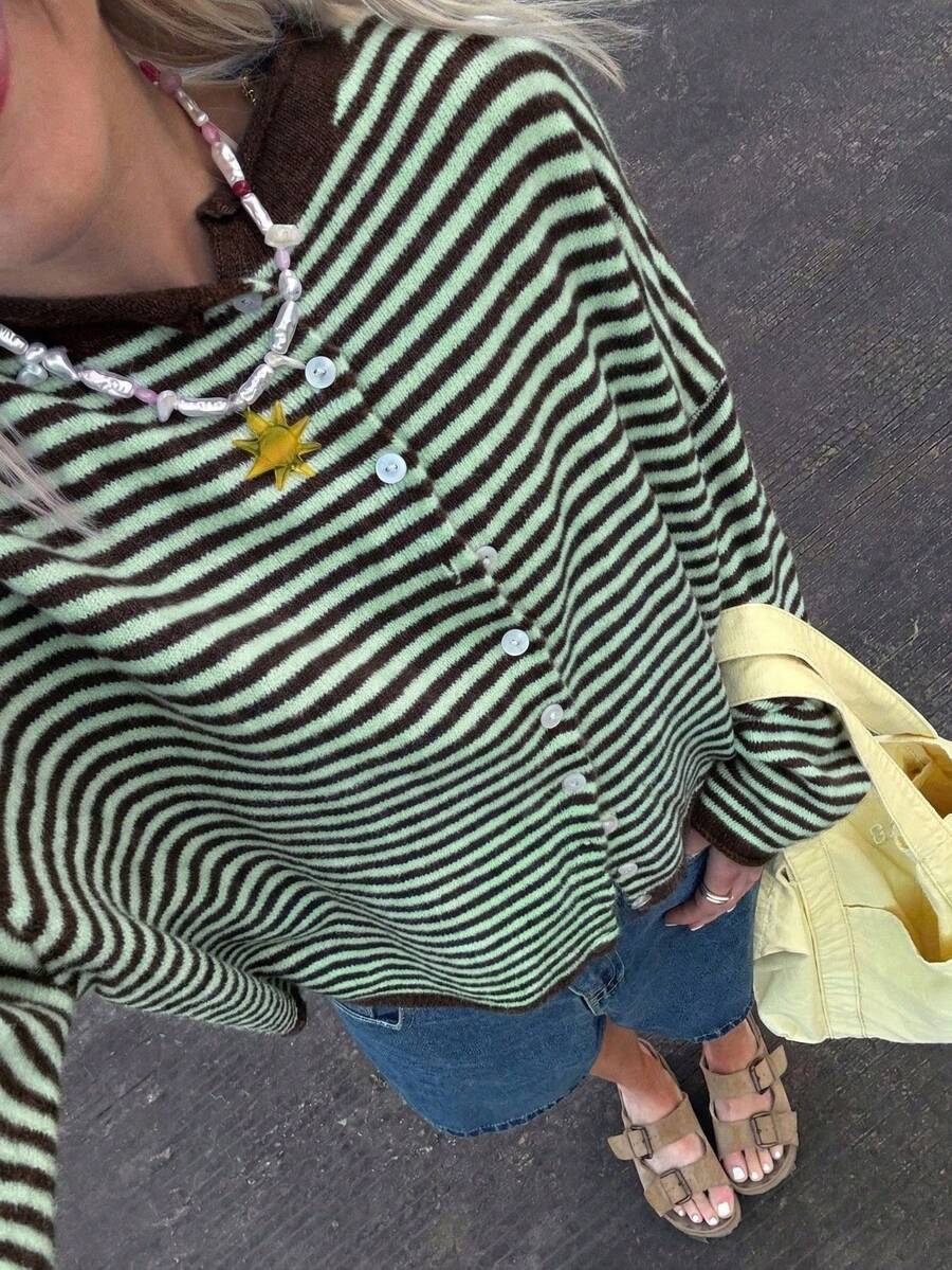 New Fashionable Loose Striped Knit Cardigan Jacket Vacation - Green - View 1