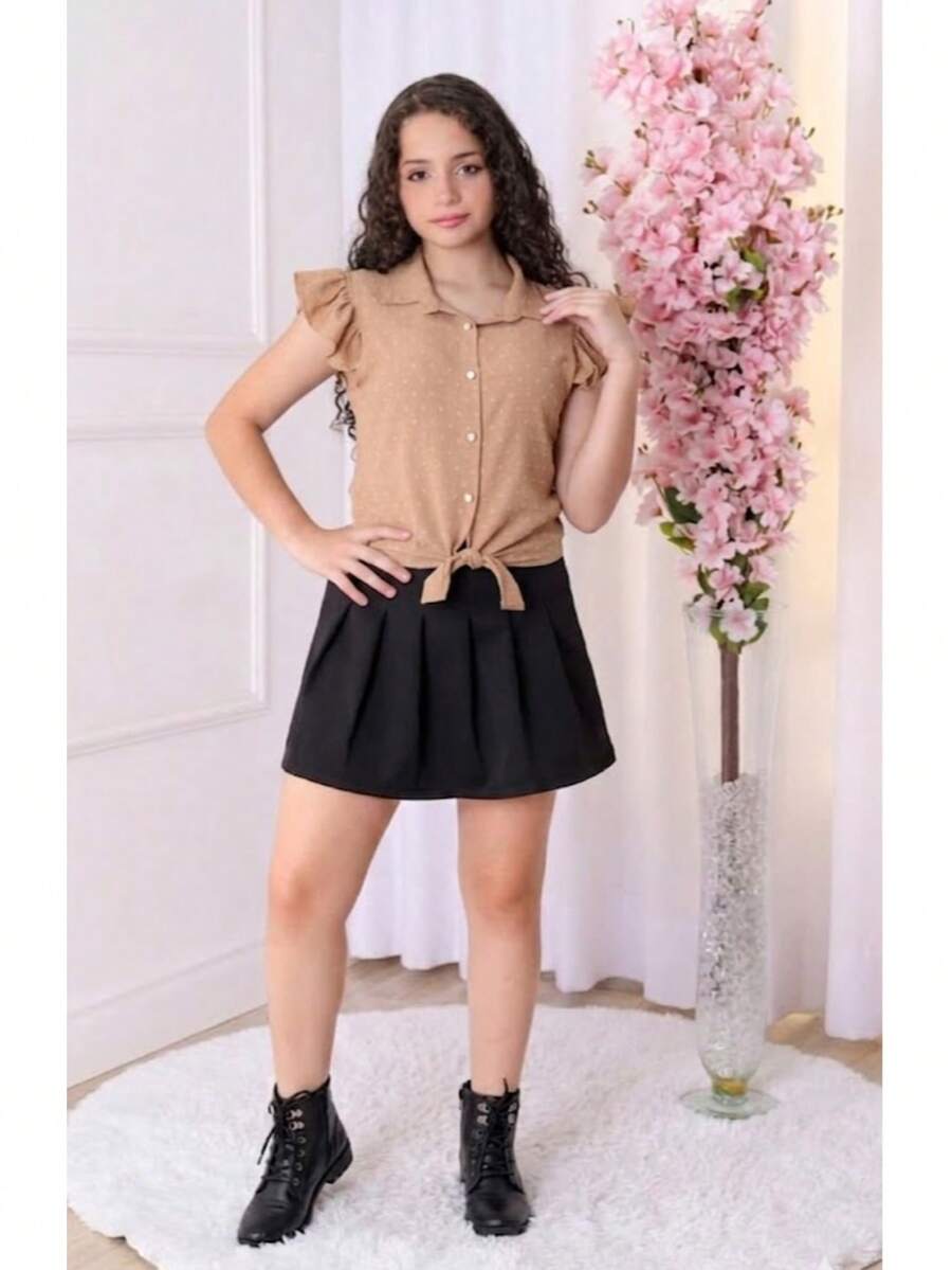 Conjunto Infantil Menina e Adolescente Jovens Saia Plissada Babado Pregas e Blusa Duna Pipoca Camisa Botão Primavera e Verão Infantil e Juvenil (CJI010) - Preto e Nude - Visão 1