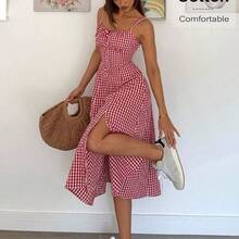 jianchaimaoyi02  Vestido a media pantorrilla con tirantes a cuadros para mujeres, de moda y apropiado para el verano - Marrón - Ver 2