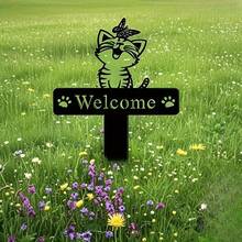 Dekorasi Taman Kucing Akrilik Datar 2D - Papan Selamat Datang, Pola Kucing Tersenyum dan Kupu-kupu Warna-warni, Dekorasi Halaman Paskah, Karya Seni Halaman Luar Ruangan - serat akrilik - View 3