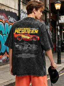 Camiseta de carreras de Rayo McQueen, estampado de carreras de los 90, camiseta con estampado de animación Disney, camisa de manga corta de algodón grueso para hombre, resistente al agua y con acabado vintage, holgada y cómoda, traje urbano, ropa de verano para hombre - Negro - Ver 2