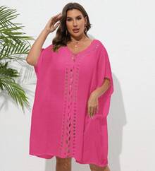 Women's Plus-Size Dress With Hand-Crocheted Floral Patchwork, Loose-Fitting Beach Bikini Cover-Up - White - View 11