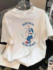 Top de mujer de manga corta y cuello redondo con estampado de ancla y una sirena sentada sobre ella, apto para todas las estaciones. - Blanco - Ver 1