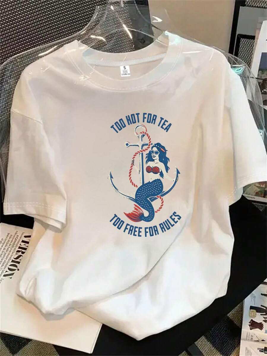 Top de mujer de manga corta y cuello redondo con estampado de ancla y una sirena sentada sobre ella, apto para todas las estaciones. - Blanco - Ver 1