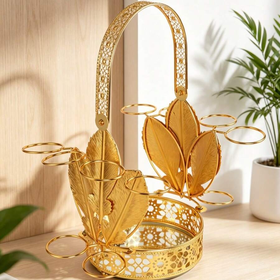 Rak Gelas Teh Logam Mewah Motif Bunga Emas dengan Baki, Rak Gelas Teh 10 Cangkir, Tempat Mug Dekoratif Motif Bunga Berongga, Cocok untuk Dapur Rumah, Kedai Kopi, dan Meja Makan - View 1