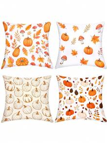 4 piezas de fundas de cojín decorativas de otoño de 18x18 pulgadas con patrones de calabaza, hoja de arce, girasol, trigo y hoja de eucalipto, estilo granja de cosecha de otoño, poliéster, estilo nórdico, adecuadas para sala de estar, sofá, cama y decoración del hogar al aire libre (relleno de cojín no incluido) - Multicolor - Ver 13