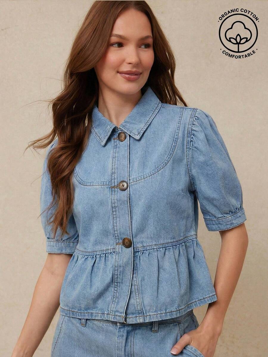 Blusa de mezcla de algodón con cuello, botones delanteros, mangas cortas abullonadas, volante peplum, estilo country western para conciertos de verano en Nashville - Lavado ligero - Ver 1