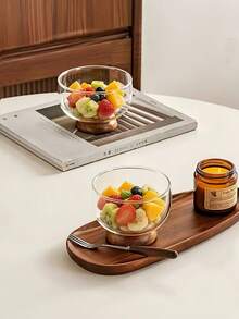 1pc Wooden Base Thick Glass Bowl With Tray, Japanese Vintage Fruit Yogurt Oatmeal Bowl, Ins Retro High-End Dessert Snack Cake Bowl, Snack Main Dish Bowl, Coffee Cup, Breakfast Cup, Suitable For Restaurant, Living Room, Kitchen, Dessert Shop, Eatery, Gathering - Multicolor - View 6