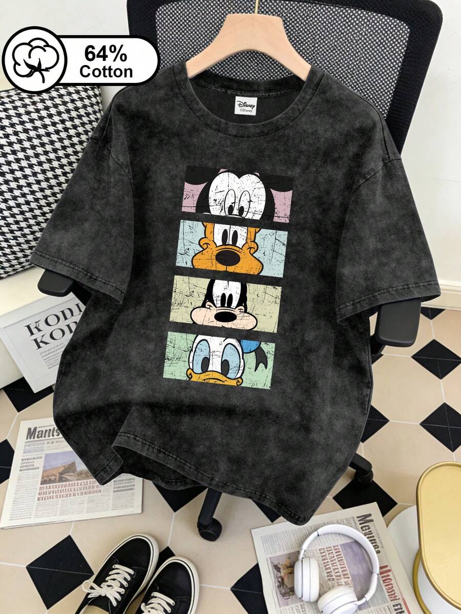 Áo thun nữ Disney, in hình đầu Mickey và những người bạn phong cách retro, áo thun ngắn tay giặt màu bông tuyết retro, mặc ngoài trời, áo top mùa hè cho nữ - màu đen - Xem 1