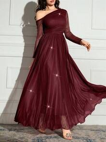 xheModelyn Vestido largo de manga larga con cuello asimétrico de unicolor y brillos, elegantexhe - Burdeos - Ver 1