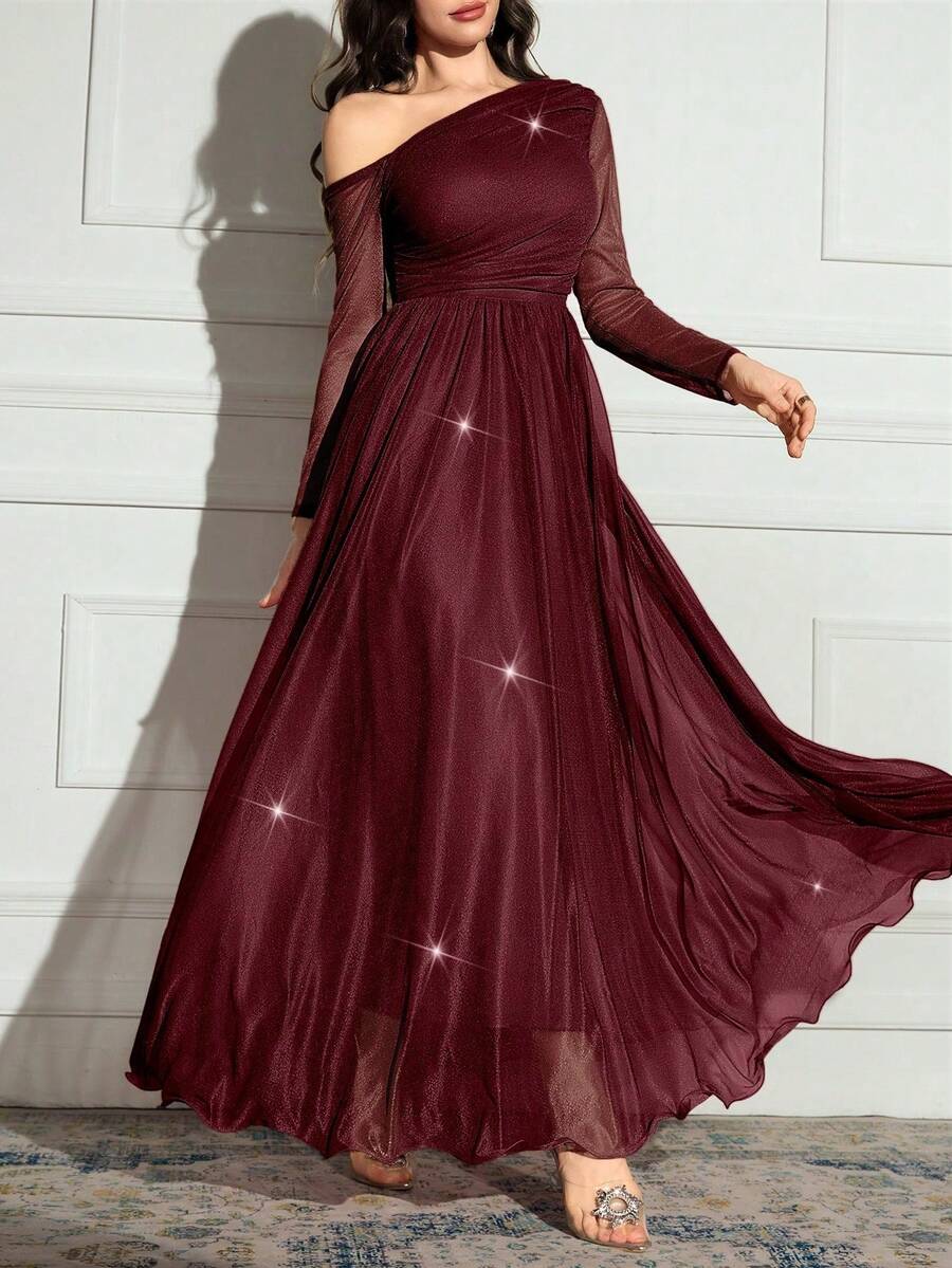 xheModelyn Vestido largo de manga larga con cuello asimétrico de unicolor y brillos, elegantexhe - Burdeos - Ver 1