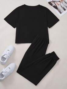 UCJPT Women's Two-Piece Set With Short-Sleeve T-Shirt And Long Pants, Sports, Leisure, Daily Wear, Black Two-Piece Set With T-Shirt And Pants, White Bull Design - 黑色 - 查看 2