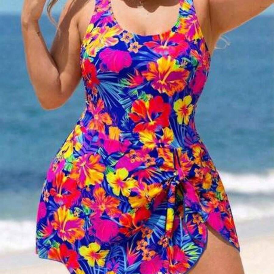 dagjydgfyja Swim Lushoire Traje de baño con estampado de hojas de colores y corte halter para mujer de talla grande, traje de baño para vacaciones en la playa - Multicolor - Ver 1