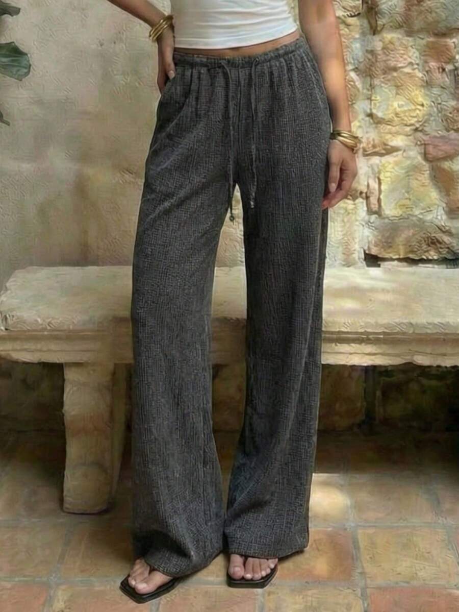 Women's Summer Casual Pants With Jacquard Design, Elastic Waistband With Romantic Bow And Low Rise, Straight Leg, Suitable For Home, Daily Wear, Office, Dates, Travel, Beach, Office Work, Sun Yellow Color - 黑色 - 查看 1