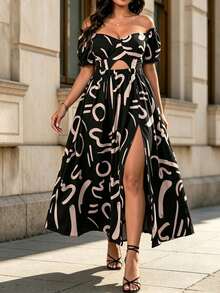Juhart Vestido elegante de vacaciones de verano con estampado abstracto negro y albaricoque, hombros descubiertos, cruzado, calado y abertura alta para tallas grandes - Blanco y Negro - Ver 1