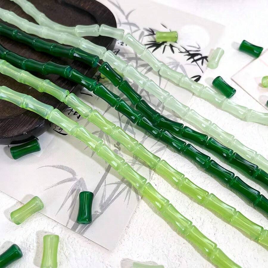 20顆竹節形狀珠子 - 半透明綠色樹脂珠，適用於DIY手鍊、項鍊、珠寶製作材料