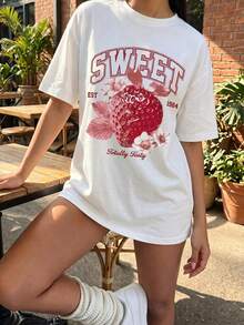 Camiseta de algodón para mujer, cuello redondo, manga corta, diseño vintage con estampado floral de fresas rojas, estilo holgado y casual. - Blanco - Ver 3