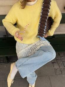 Women's Cream Yellow Crew Neck Long Sleeve Sweater, Autumn/Winter - Yellow - View 5