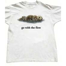 "Go With The Flow" Printed T-Shirt Soft Breathable Cotton Casual Loose Top Comfy Summer Tee For Outdoors And Travel - White3 - View 3