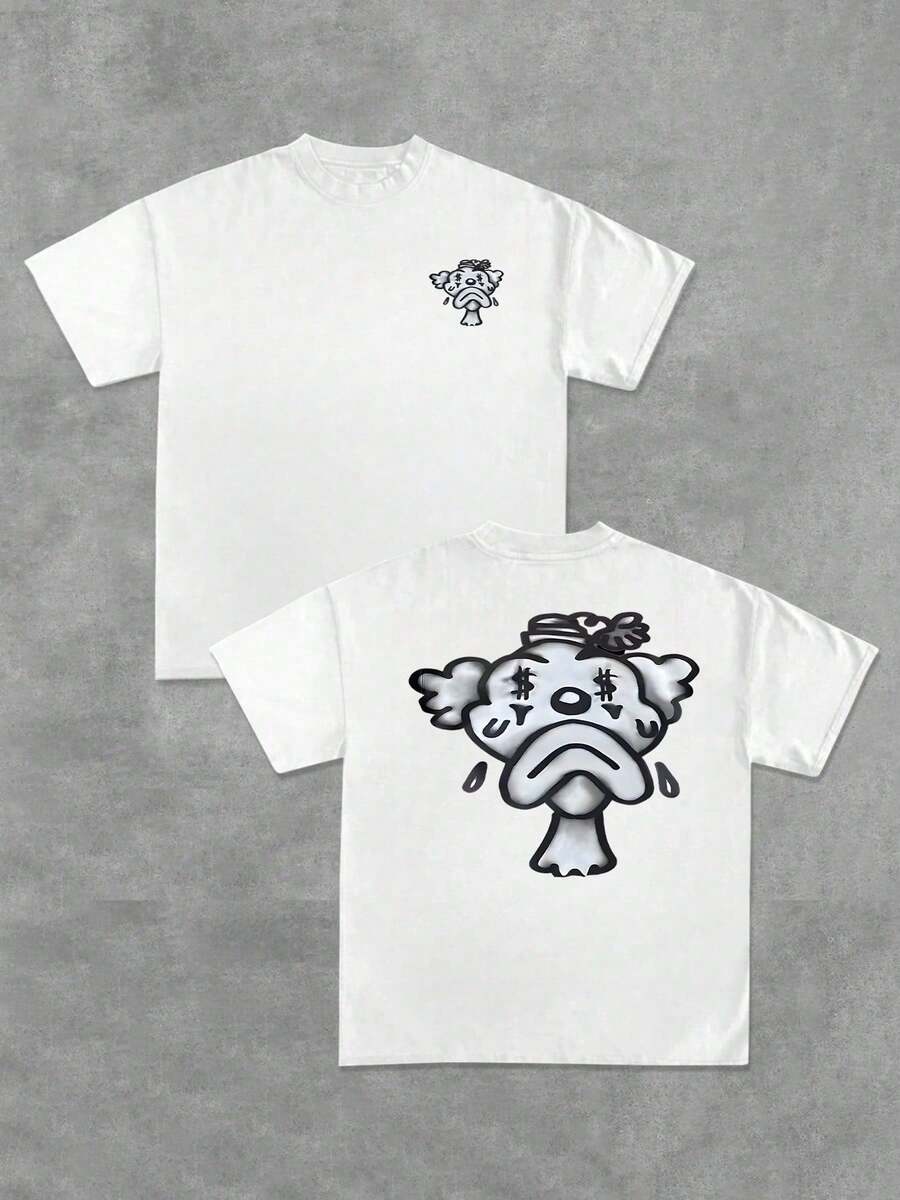 Sad Clown Double-Sided Digitally Printed 220g T-Shirt Streetwear 1 Piece Men's Casual Short Sleeve 100% Cotton T-Shirt Black Graphic T-Shirt - 白色 - 查看 1