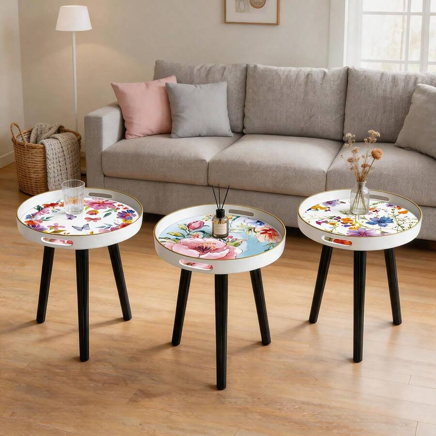 Round Modern Side Table, Minimalist Floral Butterfly Print Italian Luxury Tray, Outdoor Garden Balcony Small Coffee Table, Living Room Sofa Side Table, Minimalist Design, Multifunctional Side Table, Bedroom Decor, Small Furniture - White - View 1