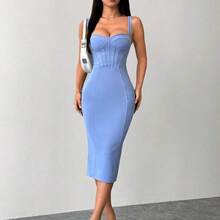 dagjydgfyja  PETITE Vestido midi ajustado y entallado con parte trasera dividida, copa de busto y cadera azul - Azul - Ver 2