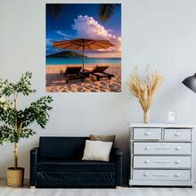 Póster plano 2D, 1 pieza, de atardecer tropical en playa con palmeras - Pintura en lienzo sin marco adecuada para decoración de pared, moderna y minimalista, apta para bodas, Acción de Gracias, sala de estar, dormitorio, oficina - Arte de tumbona y sombrilla con palmeras - Enmarcado - Ver 5