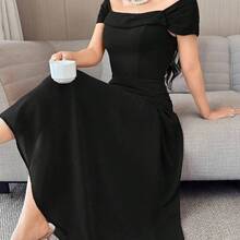 jianchaimaoyi02  Vestido elegante de unicolor con pliegues y hombros descubiertos para mujer - Agua verde azul - Ver 10