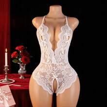 Sexy Lingerie Accessory, Floral Lace Fan-Shaped Teddy Bear, Deep V Halter Neck Design, Backless, Open Crotch Jumpsuit, Sexy Women's Clothing, Elastic Sexy - White - View 8