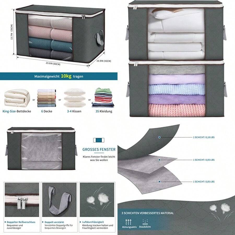 Bolsas de almacenamiento grandes paquete de 2 cubos de almacenamiento de ropa organizador de armario contenedores de almacenamiento con asas duraderas de tela gruesa para cobija de ropa de cama de 90 l - Gris - Ver 1