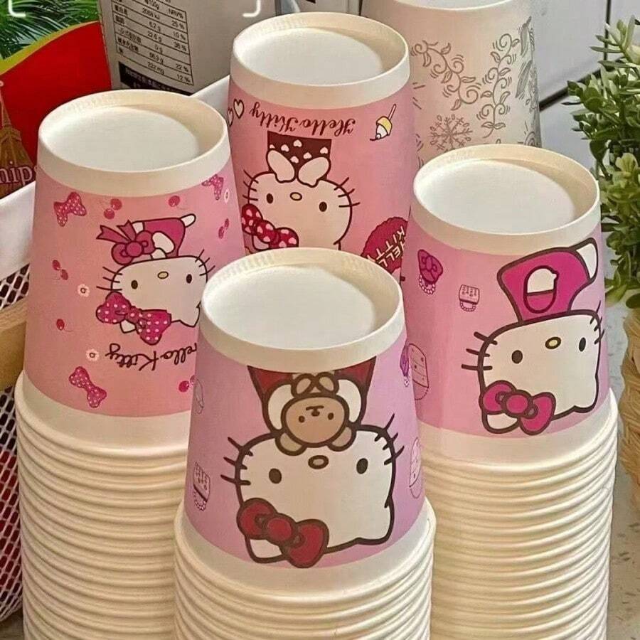 SANRIO Vasos de agua desechables lindos, diseño de 3 capas, patrón aleatorio, 10/25/50 piezas, vasos de papel grueso adecuados para el hogar y la oficina - Multicolor - Ver 1