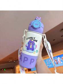 Cute Black Cat Insulated Water Bottle With Straw And Strap, Kawaii Stainless Steel Vacuum Bottle, Leak-Proof Travel Bucket For Adults. - 紫色 - 查看 3