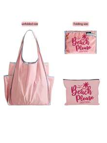 Foldable Beach Tote Bag & Pouch Set, "Beach Please" Print, Large Capacity Beach Shoulder Bag, Water Resistant Casual Handbag, Travel Cosmetic Bag, Casual Summer Vacation & Daily Use Storage Bag, Multifunctional Shopping Bag, Suitable For Shopping, Travel, Outdoor Activities, School, Daily, Unique Birthday Gifts, Holiday Gifts, Party Gifts, Vacation Gifts, Back-To-School Gifts, Anniversary Gifts - Multicolor - View 17