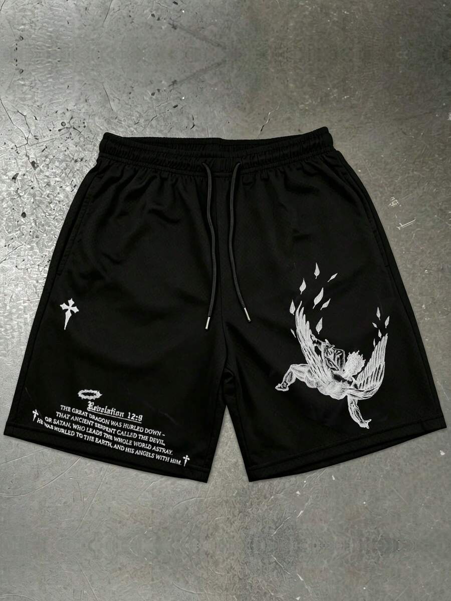 1 PCS "Fallen Angel" Gothic Faith Inspired Graphic Shorts, Religious Scripture & Angel Wing Themed Design, Breathable Quick Dry Fabric, Elastic Waistband With Drawstring, Loose Fit Casual Athletic Bottoms, Suitable For Men, Women & Teens, Ideal For Sports, Gym Workouts, Streetwear Outings, Summer Hangouts, Perfect For Fans Of Gothic Streetwear, Dark Aesthetic & Edgy Spiritual Style, Great Gift For Enthusiasts Of Statement & Alternative Inspired Fashion - 黑色 - 查看 1
