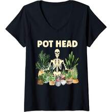 Womens Funny Pot Heads Skeletons Succulentss  Plant Lover Gardeningss  V-Neck T-Shirt - 黑色 - 查看 1