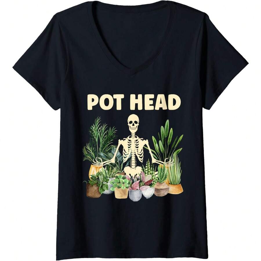 Womens Funny Pot Heads Skeletons Succulentss Plant Lover Gardeningss V-Neck T-Shirt - 黑色 - 查看 1