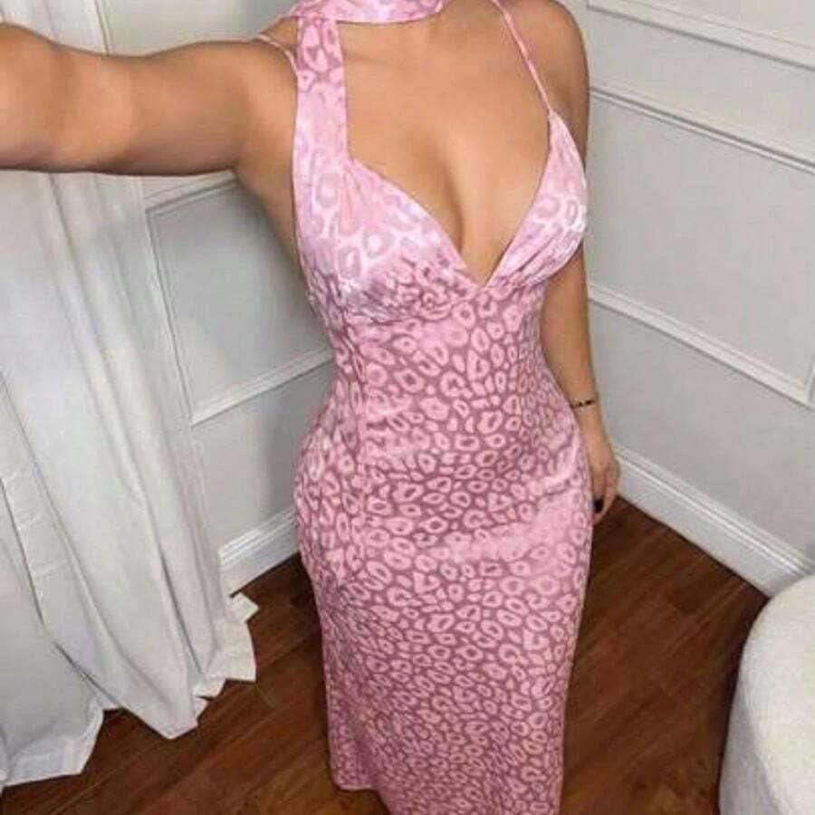 jianchaimaoyi02 Vestido sexy con estampado de leopardo y espalda descubierta para mujer - Rosa - Ver 1