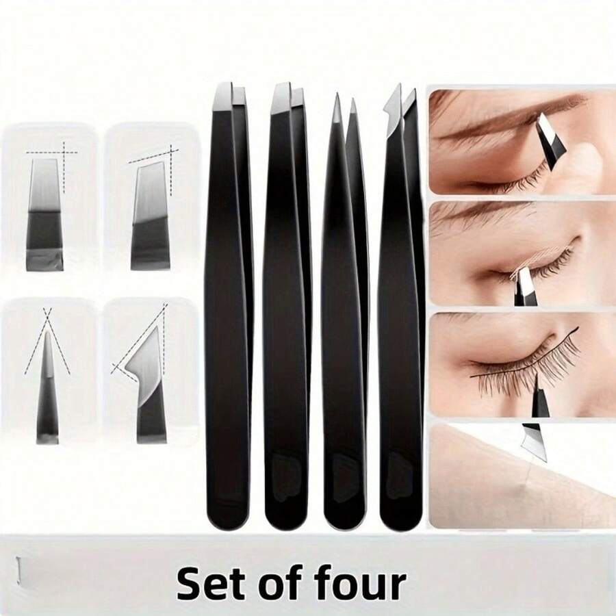 Set 4 Buah Pinset Stainless Steel Kepadatan Tinggi, Alat Presisi untuk Mencabut Rambut, Merapikan Jenggot & Membentuk Alis, Perlengkapan Kecantikan Tahan Lama untuk Penggunaan Sehari-hari - A - View 1