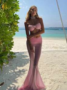 2026 Summer New Women's Pink Solid Color Halter Neck Tie Sexy Bikini Two-Piece Swimsuit Set With Long Sheer Skirt, Suitable For Holiday Travel, Beach Vacation, Outings - Baby Pink - View 1