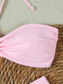 2026 Summer New Women's Pink Solid Color Halter Neck Tie Sexy Bikini Two-Piece Swimsuit Set With Long Sheer Skirt, Suitable For Holiday Travel, Beach Vacation, Outings - Baby Pink - View 5