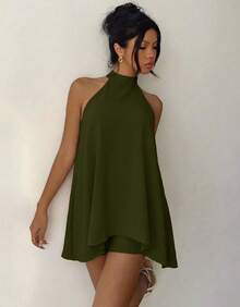 Women's Jumpsuit Halter Neck Loose Summer Dress - 軍綠色 - 查看 3